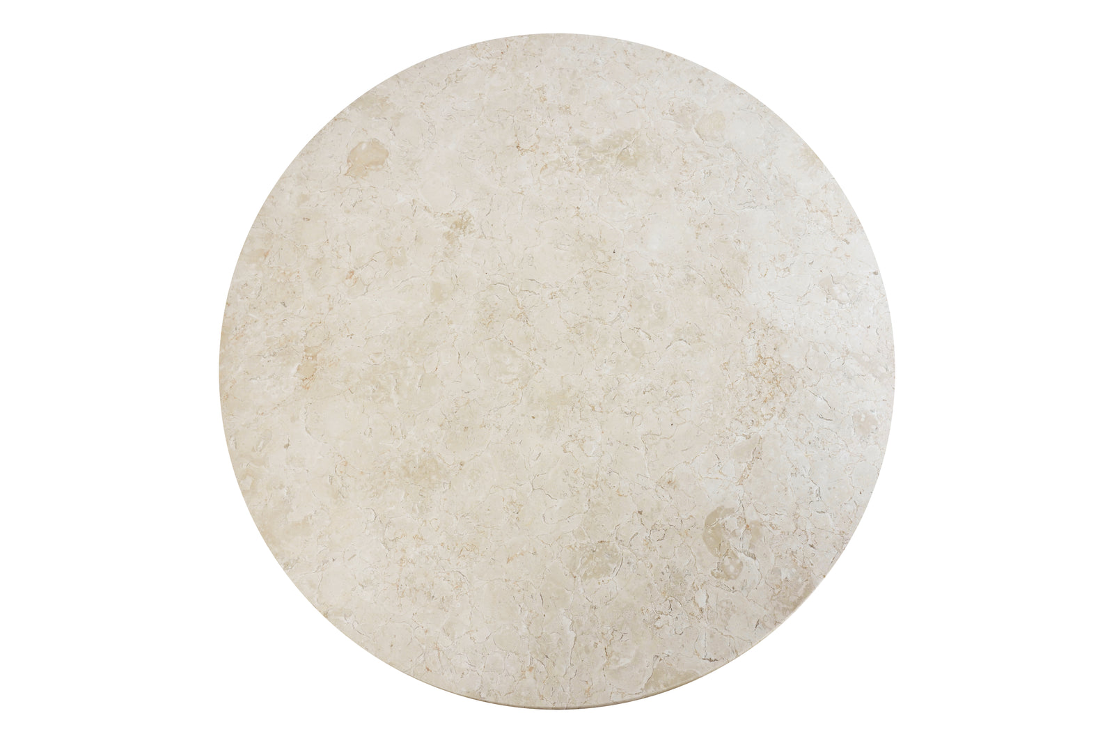 The Cesena | Dining Table features a round, flat marble top with a subtle natural pattern, supported by sturdy wooden legs and set against a white background.