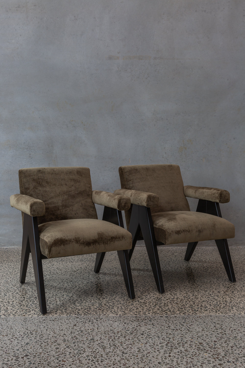 brown earth velvet lounge chair armchairs with dark wooden legs