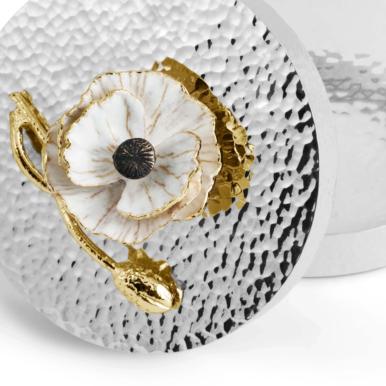 glass canisters with silver-toned steel bases and floral lids